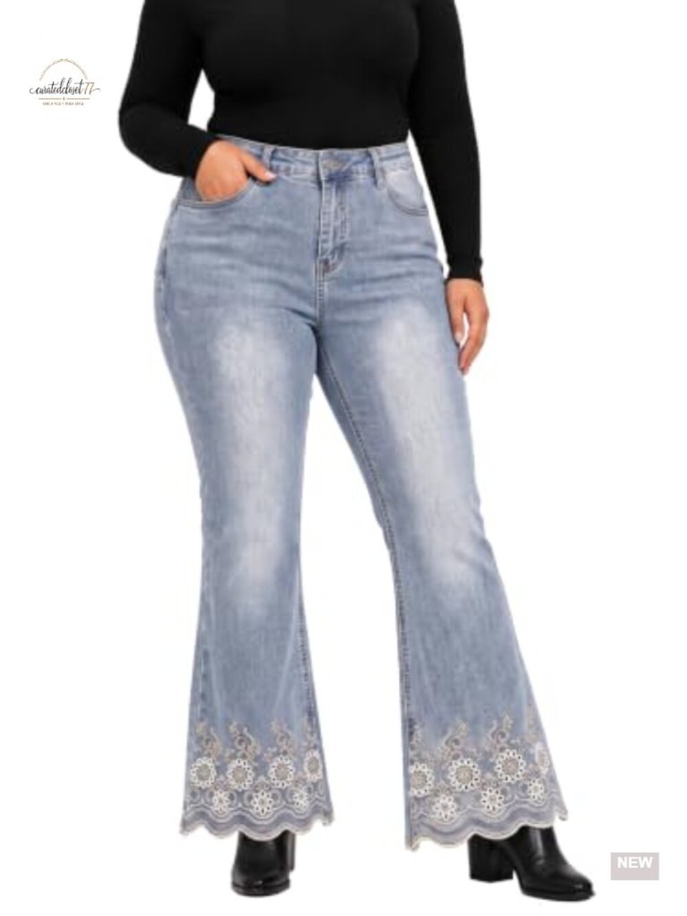 Plus Size Flare Jeans High Waisted Floral Embroidered Scalloped Hem Stretch